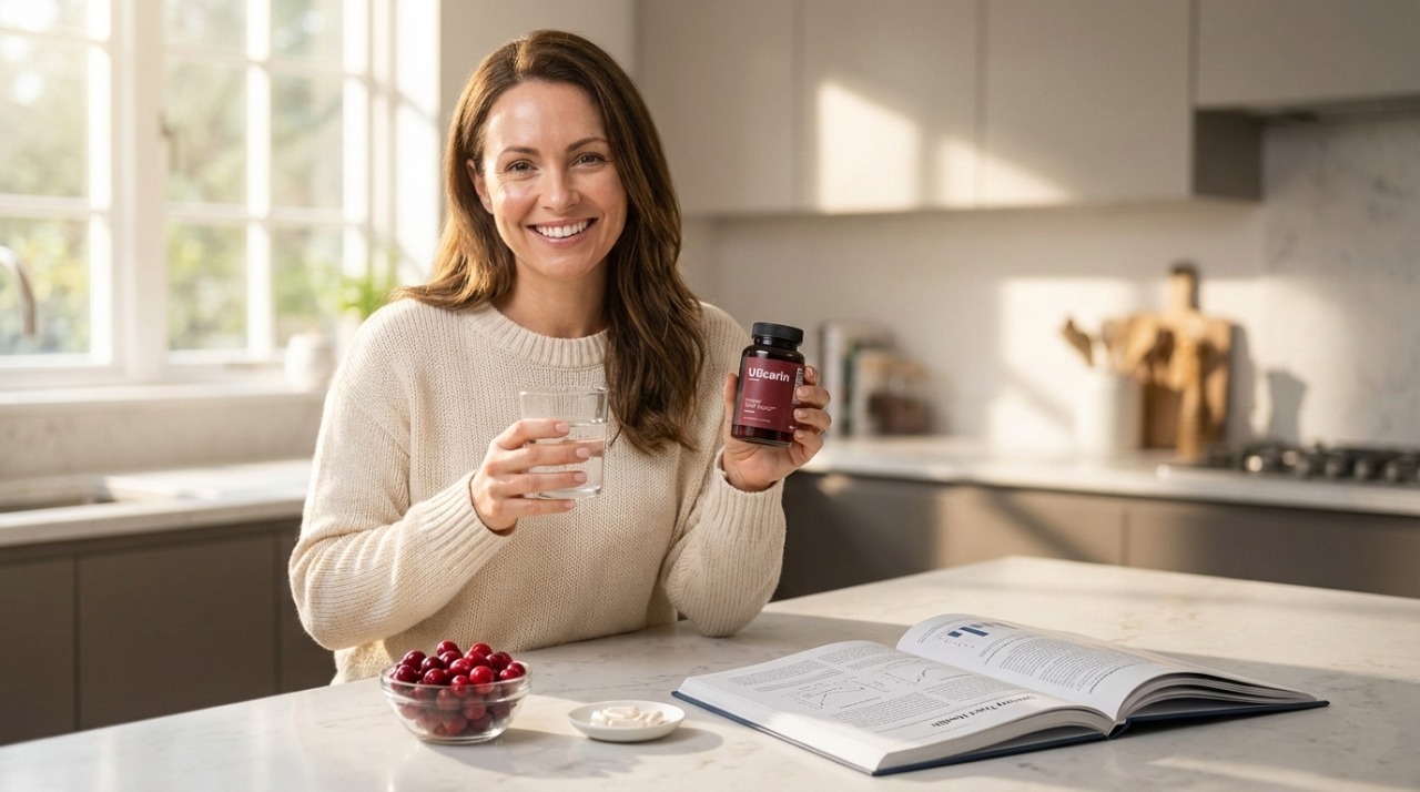 UTI prevention supplements morning routine showing woman taking urinary tract health supplements with water