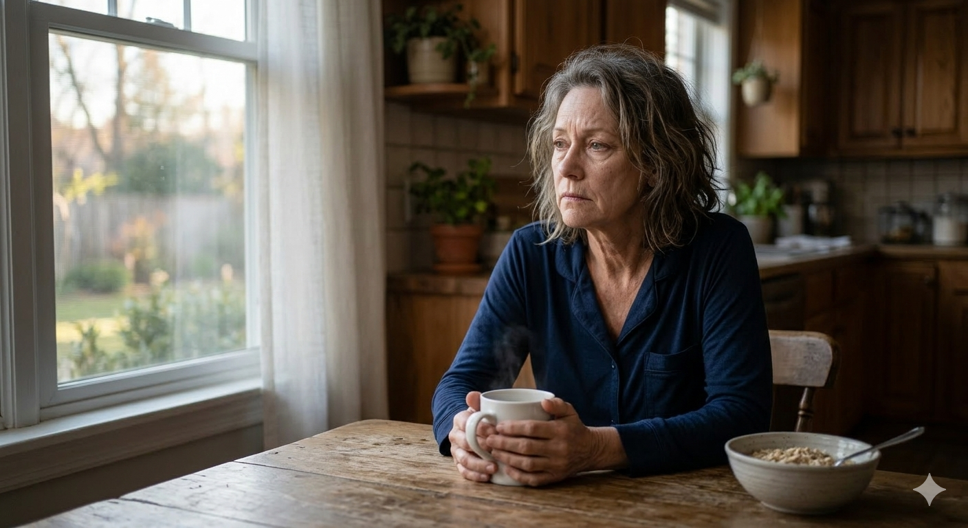 Tired woman over 50 sitting at kitchen table in the morning with coffee, showing signs of cortisol fatigue