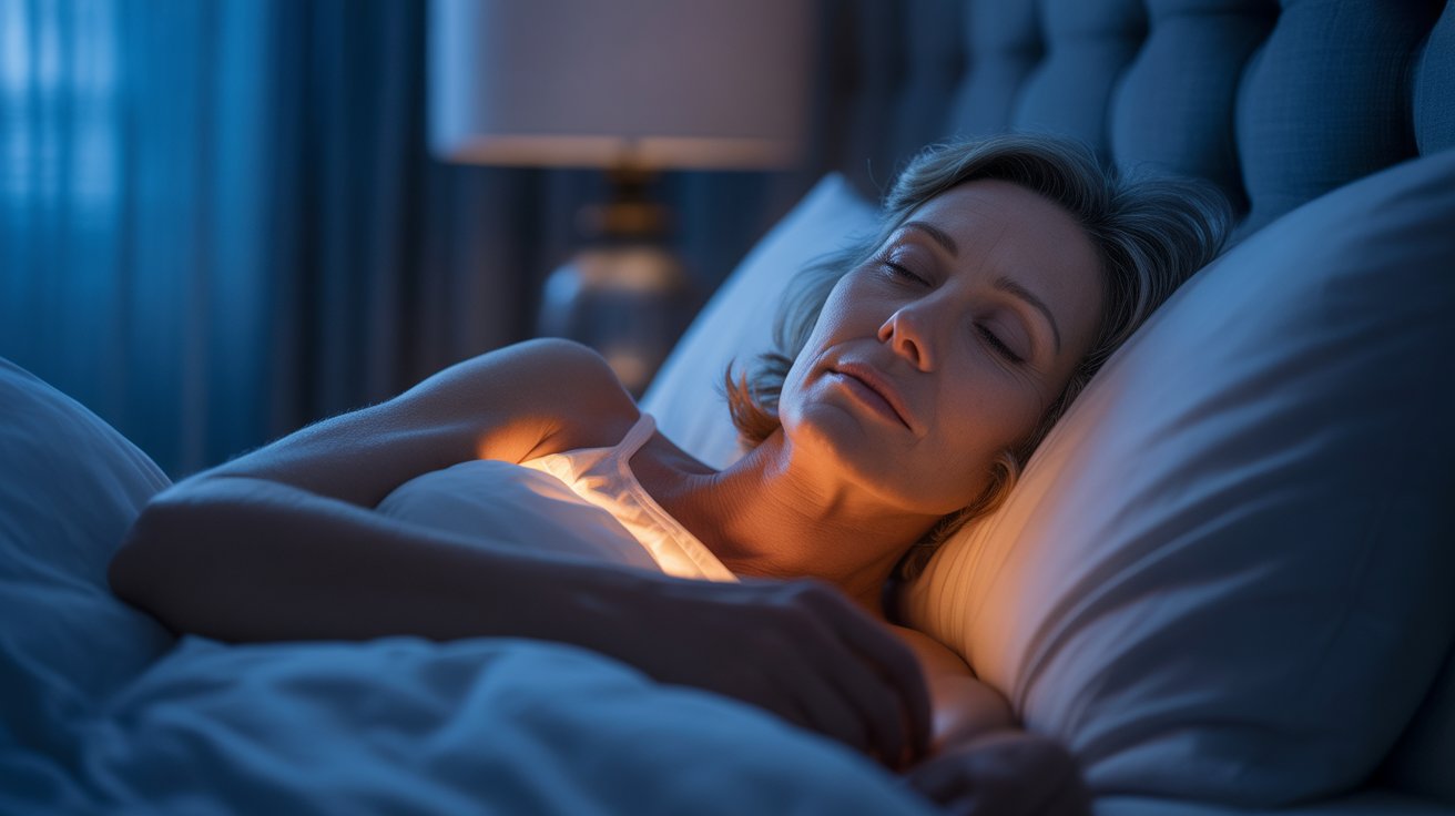 Woman over 50 sleeping peacefully with soft light representing nighttime fat burning metabolism