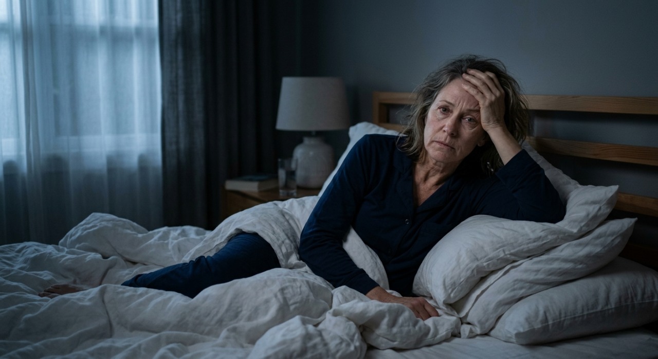 Woman over 50 lying awake at 2am due to cortisol-related sleep disruption